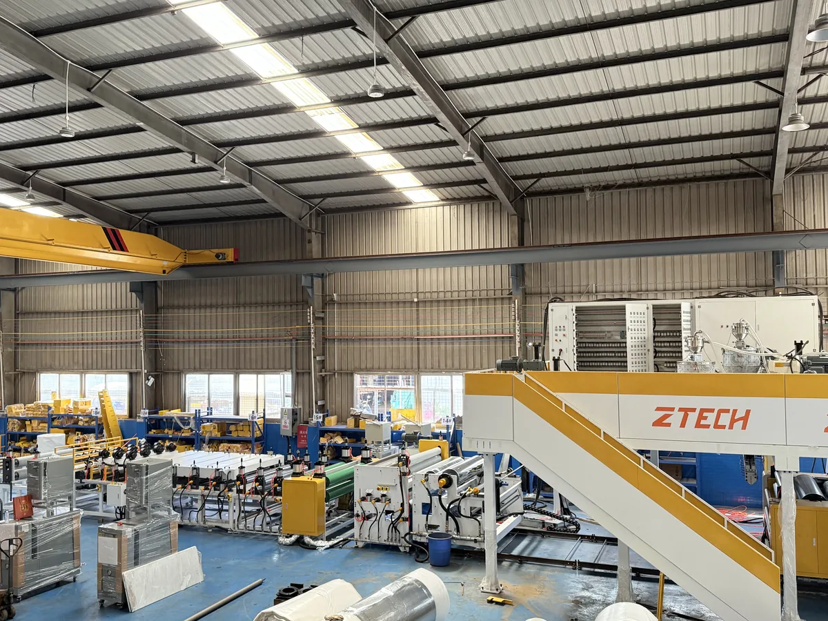 Wide view of ZTECH PP board production equipment in a factory